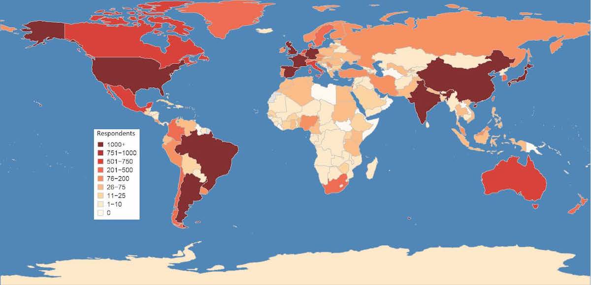 Le nombre de personnes interrogées dans l'enquête mondiale par pays. Source: https://zenodo.org/record/3697223#.XmkGlqgzY2w